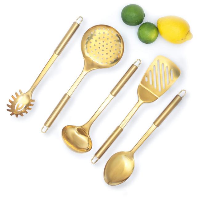 STYLED SETTINGS Gold/Brass Cooking Utensils for Modern Cooking and Serving, Kitchen Utensils -Stainless Steel Cooking Utensils 5 PCS-Gold Serving Spoon, Gold Soup Ladle, Pasta Serving