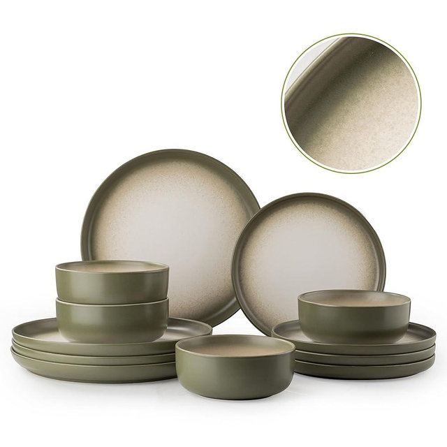 Dafuceramic 12 PCS Stoneware Dinnerware Sets, Plates and Bowls Set for 4, Reactive Glaze Dishes Set for Kitchen Dinning, Microwave & Dishwasher Safe, Lichen Green