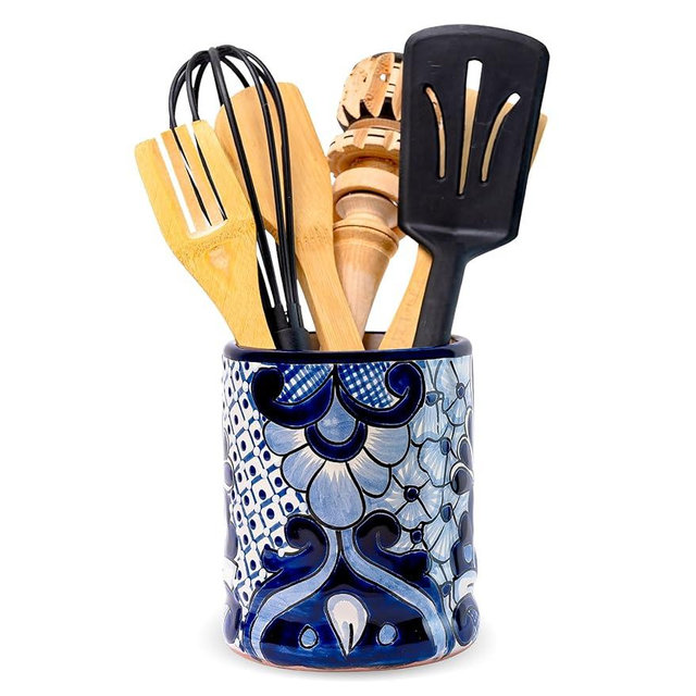 Talavera Utensil Holder - Hand Painted Ceramic Spoon Crock - Colorful Utensil Crock - Large Mexican Spoon Rest 6" H (White & Blue)