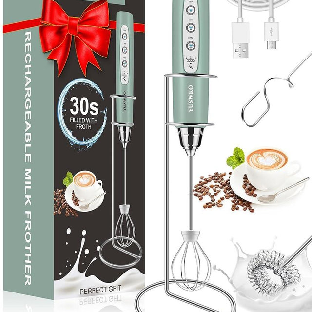 YUSWKO Milk Frother Handheld for Coffee with Stand, Rechargeable Drink Mixer with 3 Heads 3 Speeds Electric Coffee Frother Whisk, Gift for Many Occasions and Festival