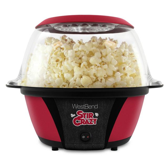 West Bend 82707 Stir Crazy Electric Hot Oil Popcorn Popper Machine Offers Large Lid for Serving Bowl and Convenient Storage 6-Quarts Red