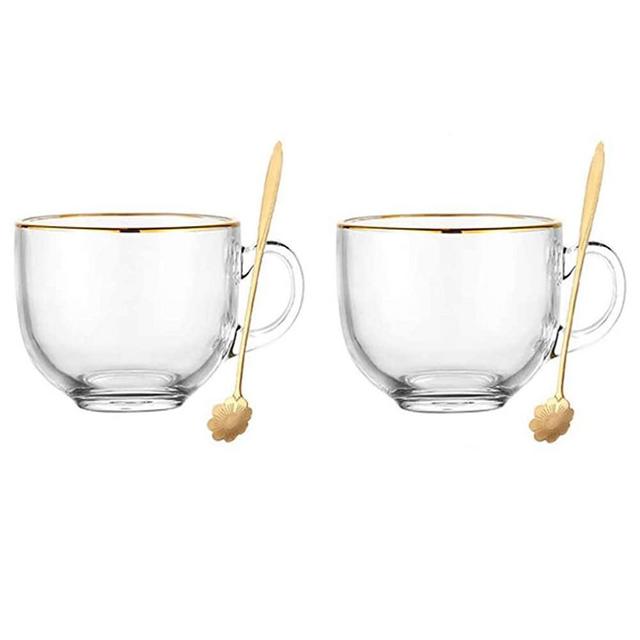 2pcs Glass Clear Coffee Cups Breakfast Milk Mugs Tea Espresso Coffee Cup Yogurt Bowl with Handle for Beverages