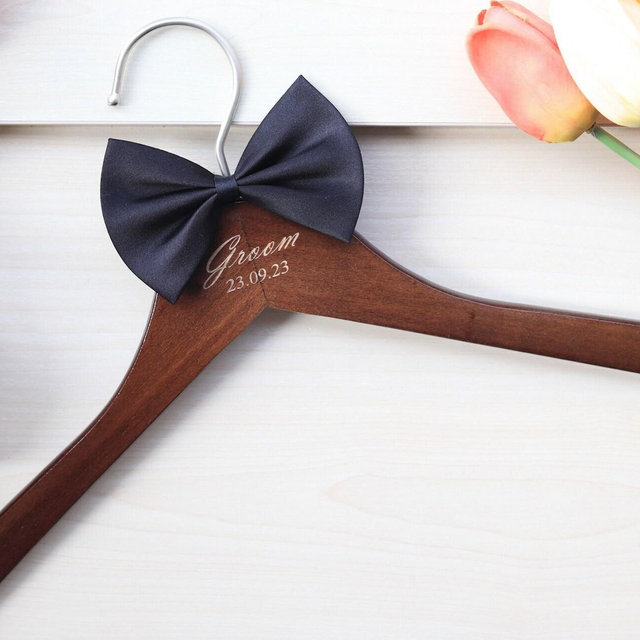 Personalized Groom Wedding Hanger - Brown Wood Hanger with a Bowtie, Engraved Bridesmaid Hanger, Wedding Name Dress Hanger