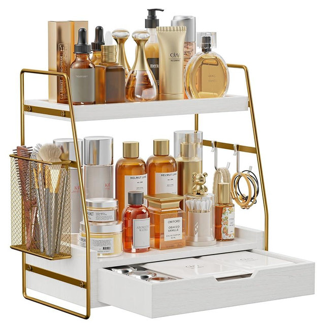ROPALINS 2 Tier Bathroom Counter Organizer Wood - Tiered Bathroom Countertop Shelf with Drawer, Removable Basket & 2 Hooks, Makeup Vanity Organizer for Skincare Perfume Toiletries, 13'' White Gold