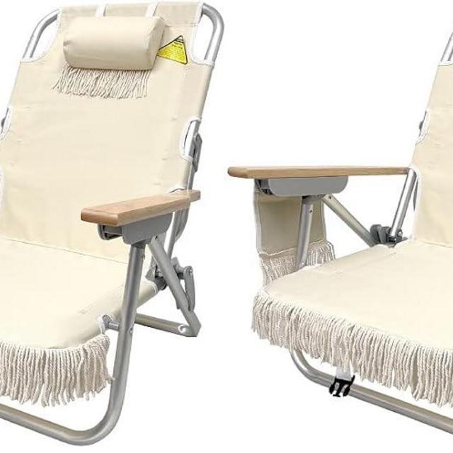EasyGo Product Tassel Backpack Beach Chair 5 Positions and Cup Holder Pouch on Side-Padded Pillow-Storage Bag on Back – Lightweight Rustproof Aluminum – Black Frame, 2 Pack TAN