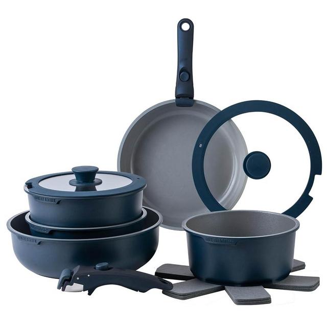 Country Kitchen 16 Piece Pots and Pans Set - Safe Nonstick Kitchen Cookware with Soft Touch Removable Handle, RV Cookware Set, Oven Safe (Denim)