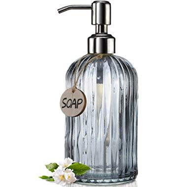 JASAI 18 Oz Vertical Striped Kitchen Soap Dispenser with 304 Rust Proof Stainless Steel Pump, Refillable Liquid Soap Dispenser for Bathroom, Kitchen, Hand Soap, Dish Soap (Clear Grey)