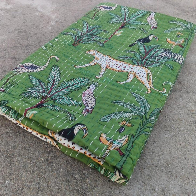 indian handmade cotton vintage kantha blanket, throw reversible, quilt gudari, indian printed, cotton fabric kantha, Green color throw