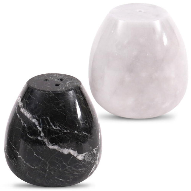 Earthen Crafts Marble Salt and Pepper Egg Shape Shakers Set of 2 Black & White 2.3" Spice Containers - Farmhouse-Style Salt & Pepper Set - Kitchen Condiment Bottle