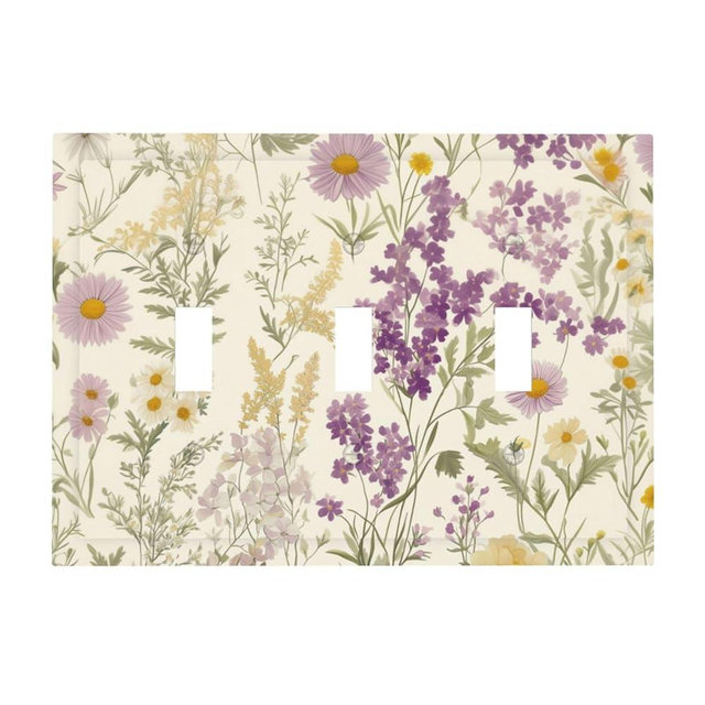 Watercolor Floral Leaves 3 Gang Light Switch Cover Small Purple Flowers Daisies Triple Toggle Wall Plate Decorative Electrical Faceplate for Country Bedroom Kitchen Living Room Home Decor