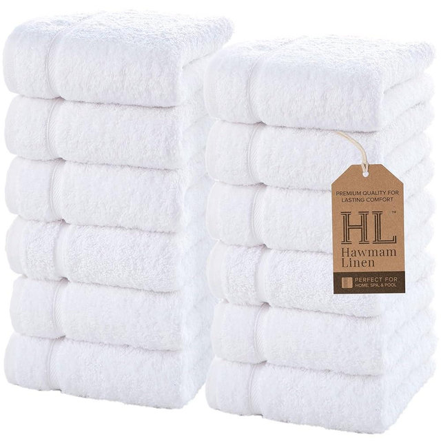 Hawmam Linen Luxury Cotton Washcloths 13x13 Inch - Large Hotel Spa Bathroom Face Towel | 12 Pack | White