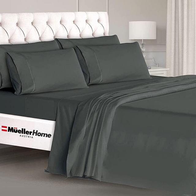 Mueller Ultratemp Bed Sheets Set, Super Soft 1800 Thread Count Egyptian 18-24 Inch Deep Pocket Sheets, Transfers Heat, Breathes Better, Hypoallergenic, Wrinkle, 6Pc, Dark Gray King