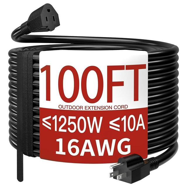 Skrizcable 16/3 100 Ft Outdoor Extension Cord Waterproof, Weatherproof & Flame Retardant Black 3 Prong Power Cord Outside for Lawn & Garden, 10 Amps 1250 Watts 125 VAC 16AWG SJTW, ETL Listed
