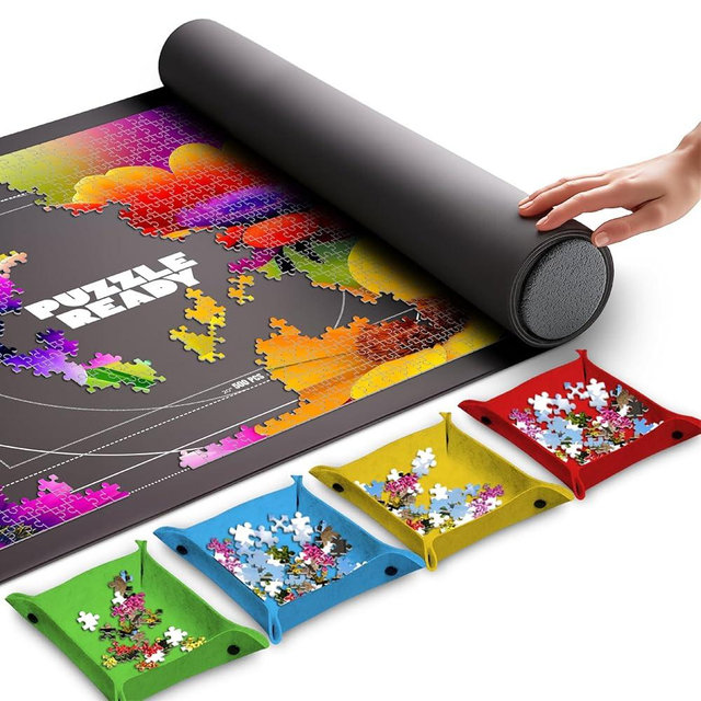 Puzzle Ready Jigsaw Puzzle Mat Roll-Up - 46″ x 29.5″ for 1500 Pieces - Portable Puzzle Board with 4 Sorting Trays, Storage Bag, Foam Roller, 3 Hook & Loop Fastener Straps
