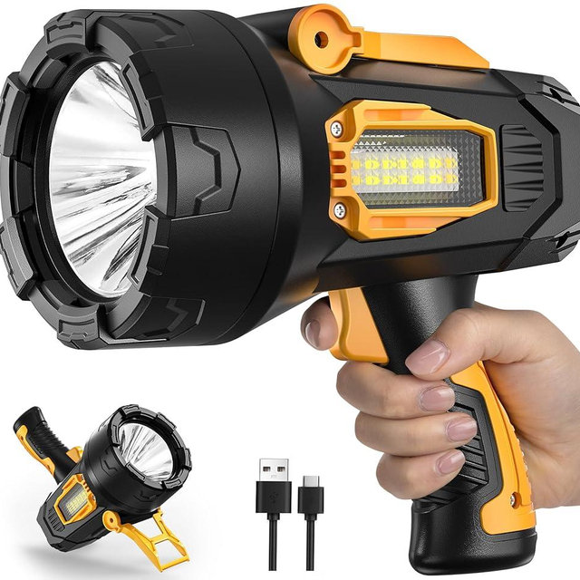 MIXILIN Rechargeable Spotlight 9000 Lumens, Super Bright LED Spotlight Flashlight Outdoor with COB Light & Foldable Tripod, 10000ɱAh Long Lasting Large Handheld Spot Light for Boating Camping