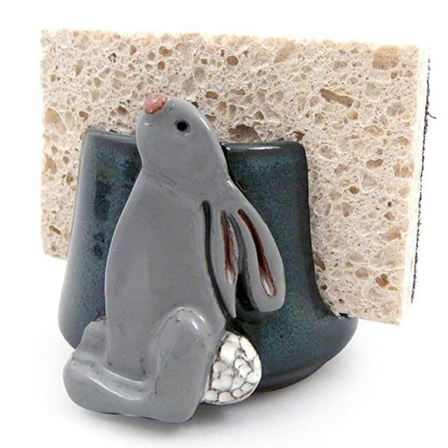 American Handmade Stoneware Pottery Sponge Holder, Bunny Motif