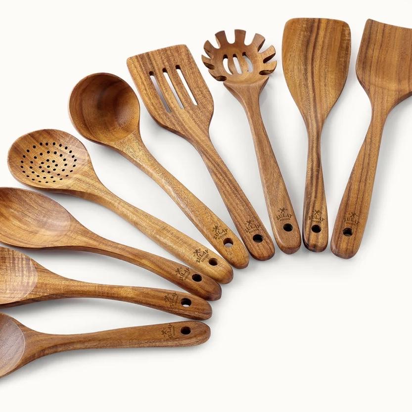 Teak Wood Utensils Set - Wooden Kitchen Utensils 9 Piece Set- Premium Gift Box