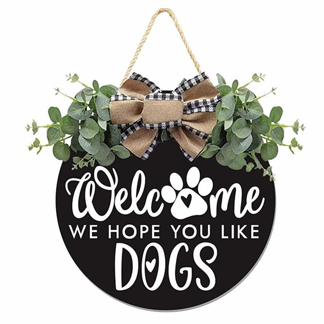 Welcome We Hope You Like Dogs Farmhouse Door Sign for Front Door Porch Decor Φ30cm Round Wooden with Eucalyptus Leaves Hanging Housewarming Home Decor for Dogs Lovers Gift (Black)