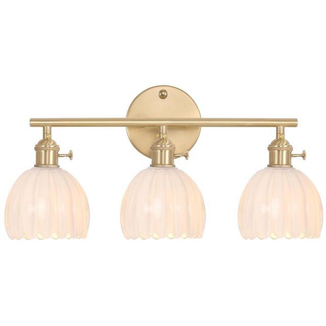 Shenmoyl Bathroom Light Fixtures, 3-Light Brass Vanity Wall Light Over Mirror with White Tulip Glass Shade for Bedroom Living Room