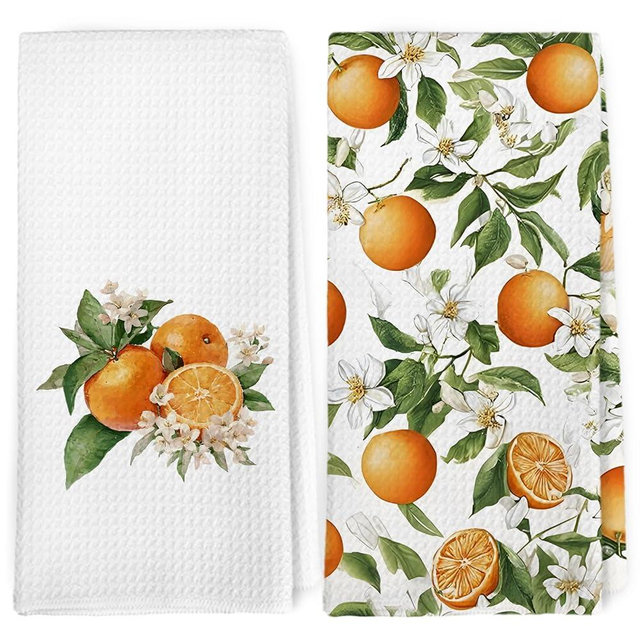 Dibor Orange Citrus Kitchen Towels Dishcloth Set of 2, Orange Hand Towels for Bathroom, Farmhouse Oranges Fruit Floral Decorative Dish Towel Hand Tea Towel for Bathroom Kitchen, 16x24 in