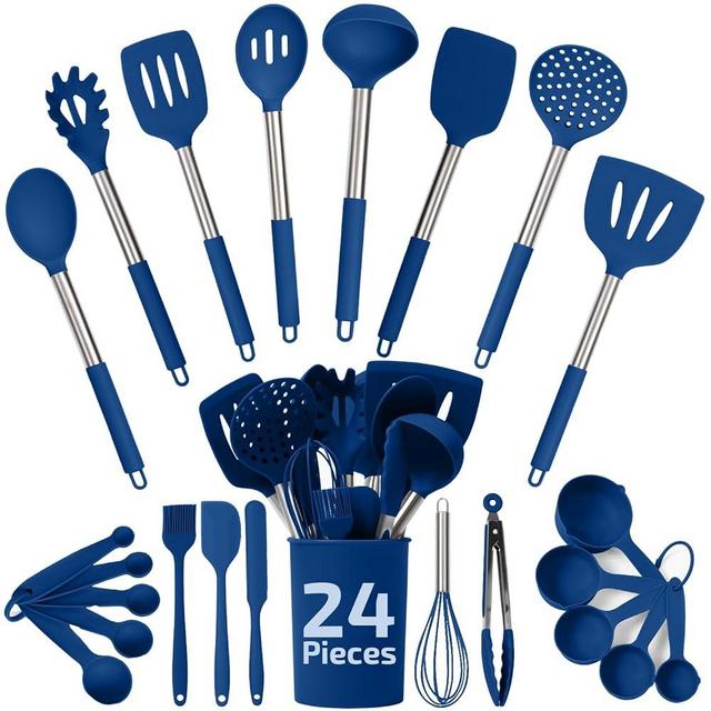 Silicone Kitchen Utensils Set - Culinary Couture 24-Pieces Blue Silicone Cooking Utensils Set for Nonstick Cookware - Silicone Spatulas Set, Stainless Steel Handle & Other Kitchen accessories