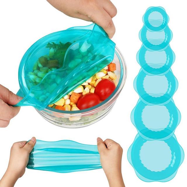 Silicone Stretch Lids for Food Storage in Fridge, Reusable Elastic Bowl Covers for Cup, Cans, Jars, Round & Rectangle Container, Food Grade Silicone Microwave Food Cover, Heat-Resistant, Blue, 6PCS