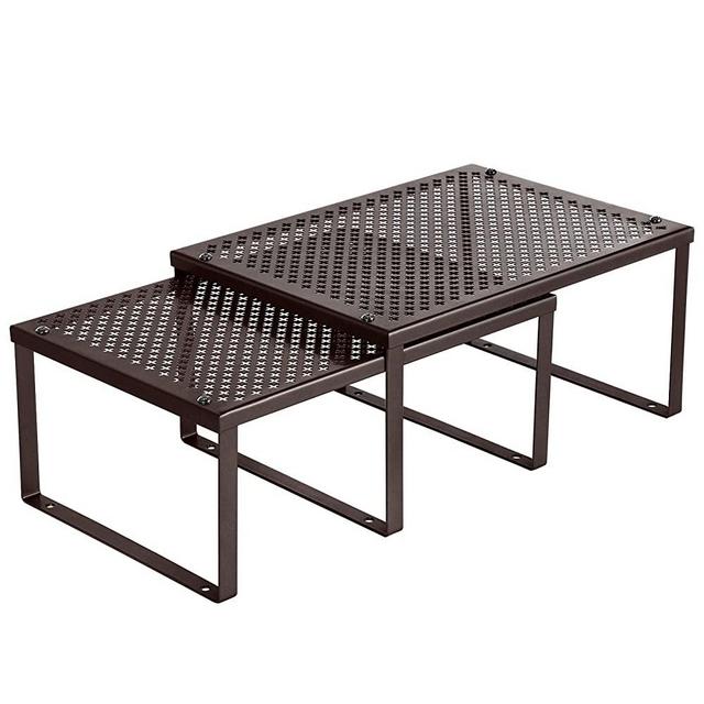 SONGMICS Cabinet Shelf Organizers, Stackable, Expandable, Set of 2 Metal Kitchen Counter Shelves, Brown UKCS01BR