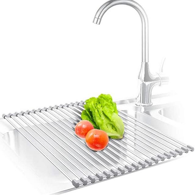 KIBEE Dish Drying Rack Stainless Steel Roll Up Over The Sink Drainer Gadget Tool for Many Kitchen Task(Gray,Large)