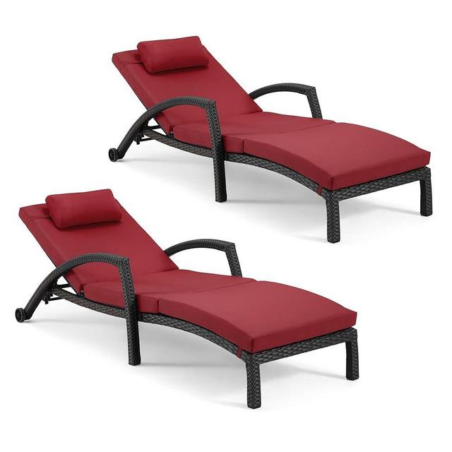 HOMREST Chaise Lounge Chairs Set of 2, PE Rattan Wicker Patio Lounge Chair with Adjustable 5 Position, Arm and Wheels for Poolside Backyard Deck Porch,Wine red