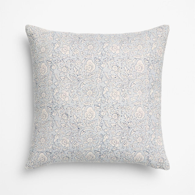 Whitney Linen 20"x20" Pale Blue Floral Hand Printed Throw Pillow with Down-Alternative Insert