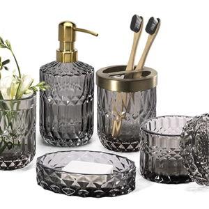 EMPO 6PCS Bathroom Clear Glass Accessories Set (Lotion Soap Dispenser, Soap Dish, Toothbrush Holder, Tumbler, Cotton Swab Jar) Contemporary Modern Decor Crystal Clear Vintage Gift (6pcs Gray)