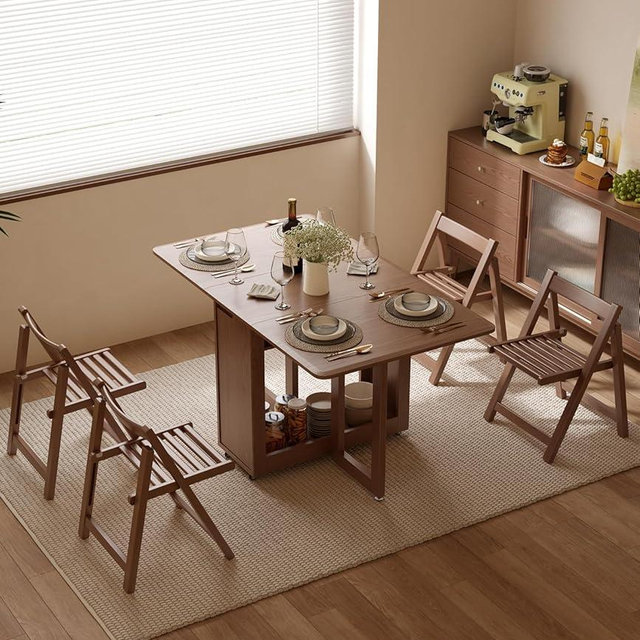 AnywaysWood Folding Dining Table with 4 Foldable Chairs Set, Space Saving Extendable Solid Wood Drop Leaf Table for Kitchen Dining Living Room Small Spaces Simple Assembly