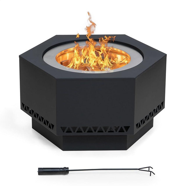 Sunjoy Smokeless Fire Pit, 26 in. Hexagonal Outdoor Fire Pit, Patio Wood Burning Smokeless Firepit w/PVC Cover and Fire Poker, Ideal for Camping, Bonfire, and Backyard, Black…