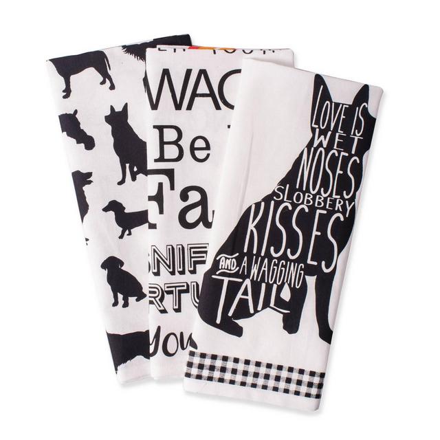 3pk Cotton Assorted Dog Print Dishtowels Black/White - Design Imports
