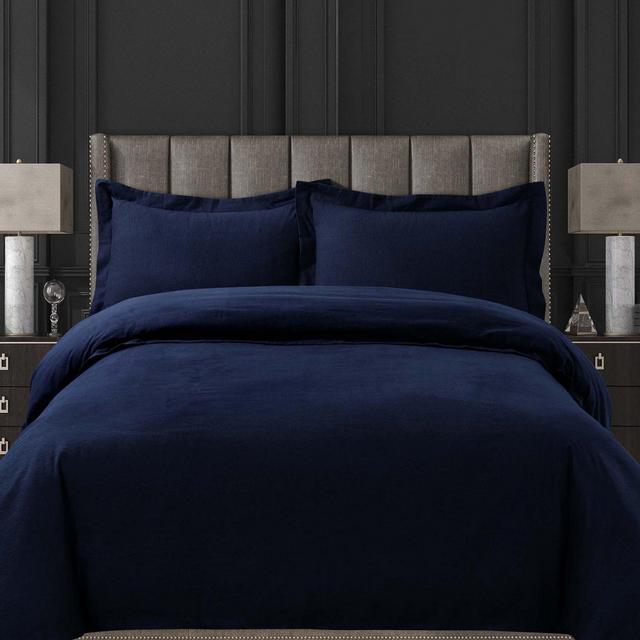 Tribeca Living Solid Flannel Queen Duvet Cover Set in Indigo