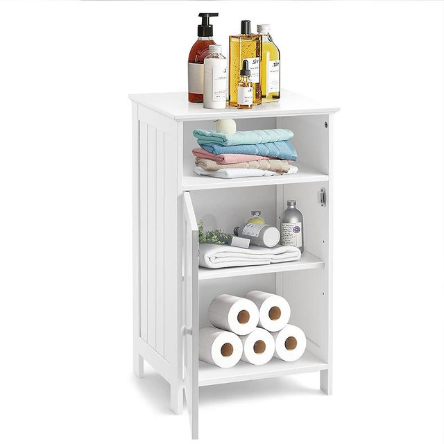 Safeplus Floor Bathroom Storage Cabinet, Small Floor Bathroom Organizer, Side Toilet Cabinet with Drawer and Door, White