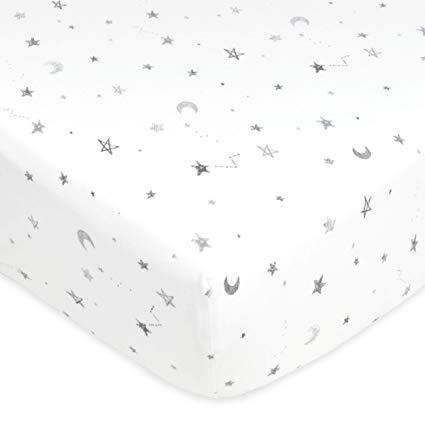 American Baby Company Printed 100% Cotton Jersey Knit Fitted Crib Sheet for Standard Crib and Toddler Mattresses, Grey Stars and Moon, for Boys and Girls