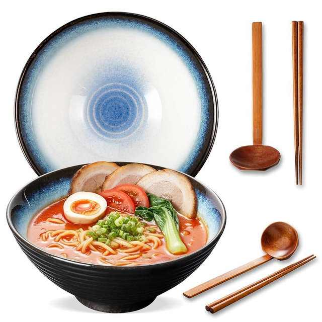 ArtifexCeram 8 Inch Ceramic Ramen Bowl Set of 2, 40oz Japanese Bowls with Spoons & Chopsticks,Durable,Microwave & Dishwasher Safe,Perfect for Ramen,Pho,Salad,Soup,Noodles，Mixing bowls（Midnight）