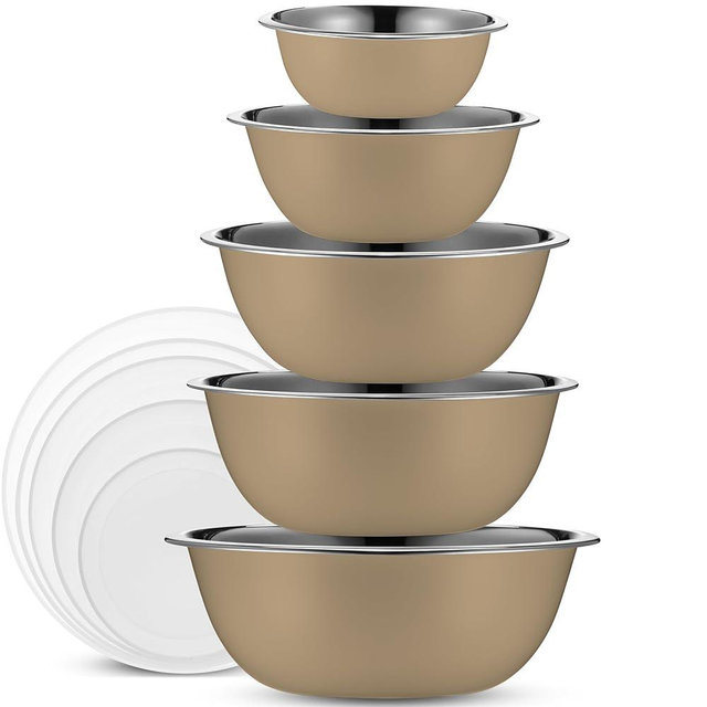 WHYSKO Stainless Steel Mixing Bowl Set, 10 Piece Stainless Steel Mixing Bowls with Lids Set for Food Prep Storage and Serving, Dishwasher Safe Microwave Safe for Kitchen Baking Cooking, Khaki