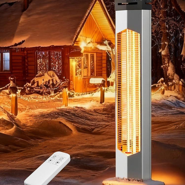 Landeagle Outdoor Heaters for Patio,1500W Electric Infrared Radiant Heater with Remote,37IN Portable Tower Space Heater with 12H Timer,Tip-over Protection for Garage,Backyard,Porch,Indoor,Silver-white