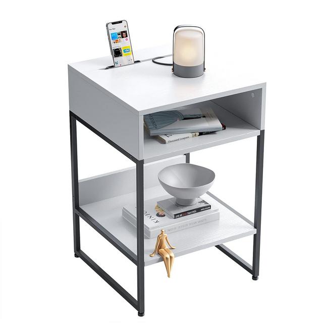 CubiCubi Side Table with Storage Compartment, Small End Table, Rustic File Cabinet, Cable Management, Nightstand Living Room Bedroom, White