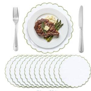 Set of 12 White Cotton Placemats 15 Inch Round Scalloped Embroidery Placemats Washable Double Layered Rustic Table Mat Fabric Napkins for Wedding Table Decor