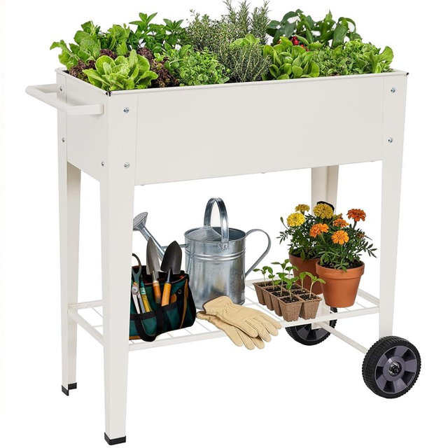 BIRDSINYARD Elevated 32" Tall Raised Garden Bed with Legs and Wheels for Mobility, Metal Planter Boxes Outdoor with Shelf, Raised Bed for Gardening Vegetables/Herbs, Backyard, Patio, Balcony, White