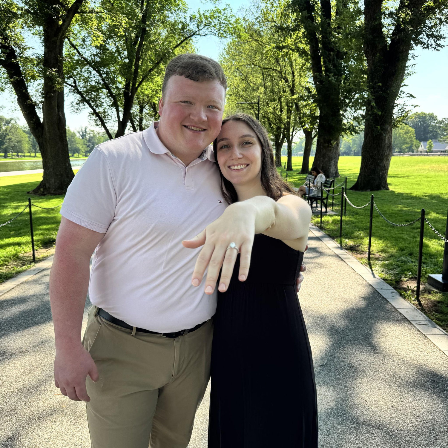 One of our first photos engaged! Tyler proposed at the Reflecting Pool in Washington, DC in May 2025