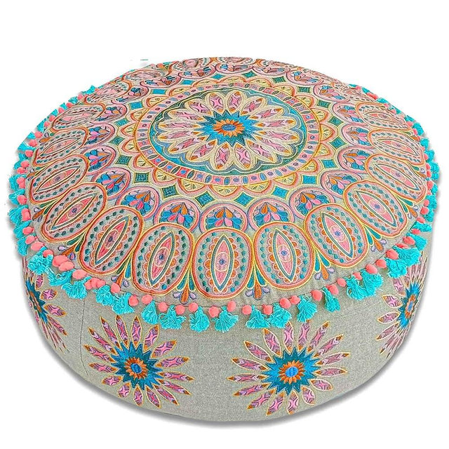 Mandala Life ART Moroccan Large Floor Pillow Cover with Tassels and Ponpon Bedroom Décor Round Pouf Ottoman Boho Chic Seating Area Beanbag Footstool Stool Cotton 24x8 Unstuffed