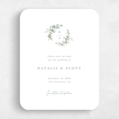 White Rounded Wedding Save the Date - Verde Wreath