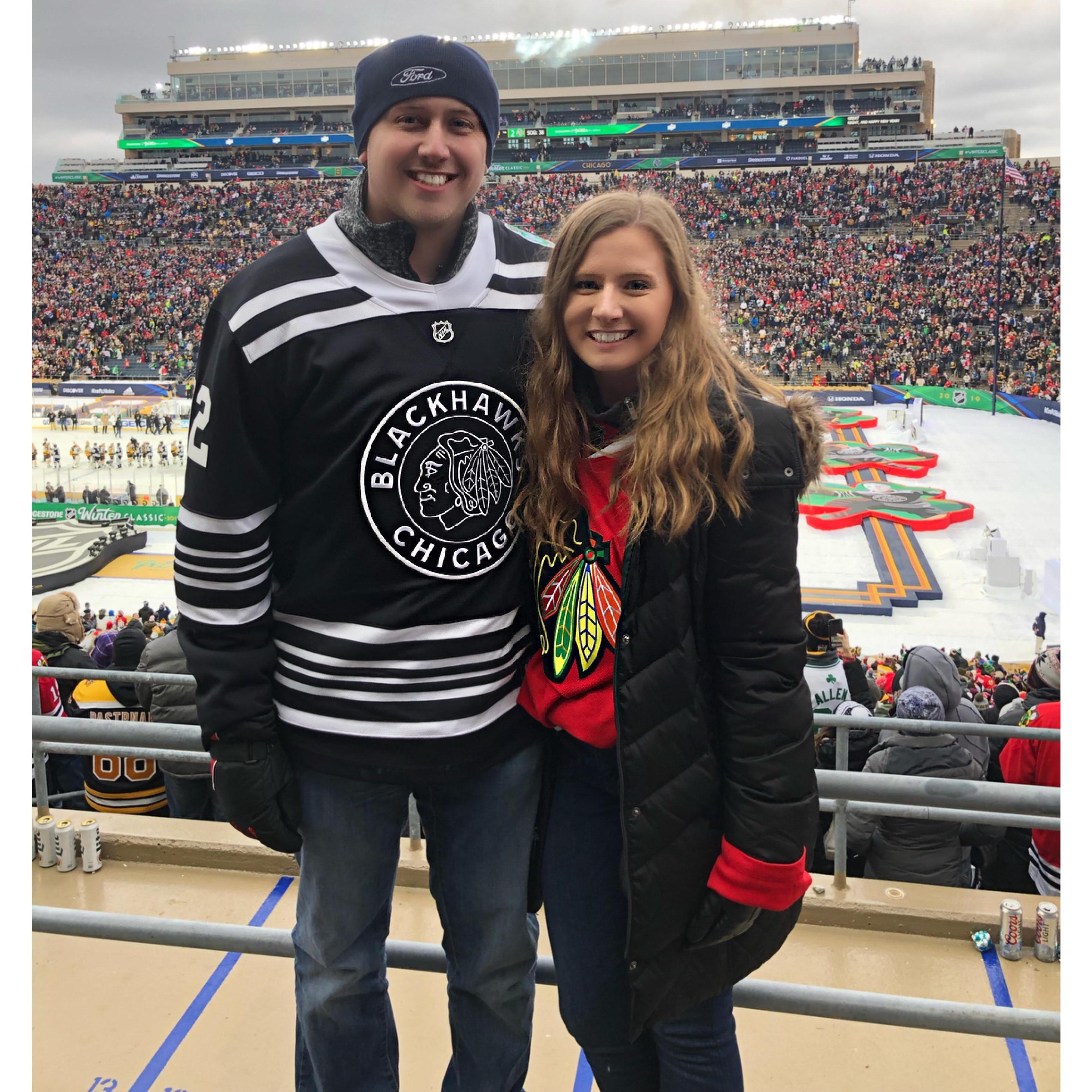The couple spending New Year's Day cheering on the Chicago Blackhawks at Notre Dame's football stadium for the Winter Classic.