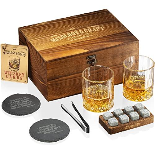 Whiskey Stones Gift Set for Men | Whiskey Glass and Stones Set with Wooden Box, 8 Granite Whiskey Rocks Chilling Stones and 10oz Whiskey Glasses | Whiskey Lovers Gifts For Men, Dad, Husband, Boyfriend