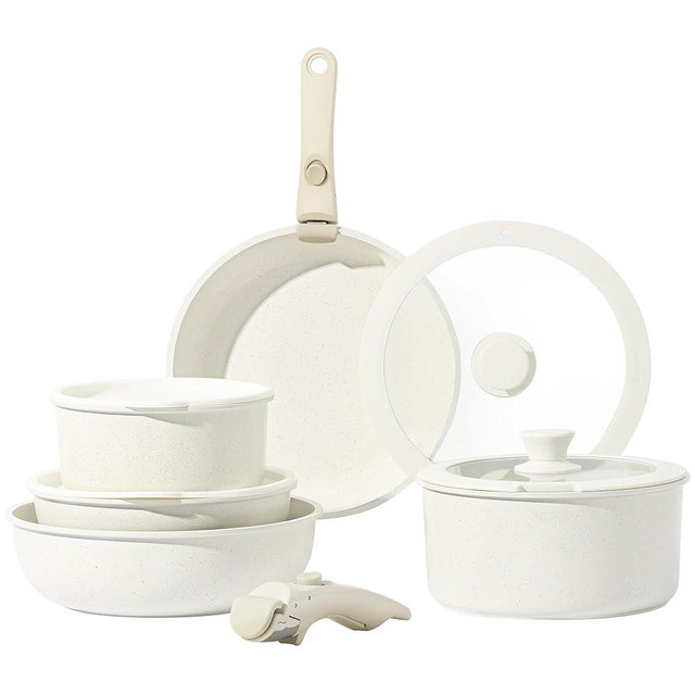 CAROTE 11pcs Pots and Pans Set, Nonstick Cookware Set Detachable Handle, Induction Kitchen Cookware Sets Non Stick with Removable Handle, RV Cookware Set, Oven Safe, Cream White