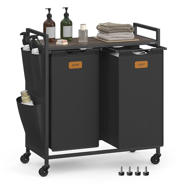 VASAGLE Laundry Hamper, Laundry Sorter Rolling Cart with Shelves, Small Side Pockets, 6 Labels, 2 Compartments, 26.4 Gal. (100 L), Ink Black and Ash Brown UBLH222BH01